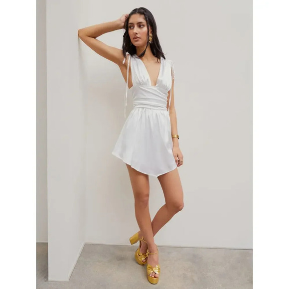 Cider Solid Satin Ruched Mini Dress Ivory White Size L NWT - Picture 3 of 9